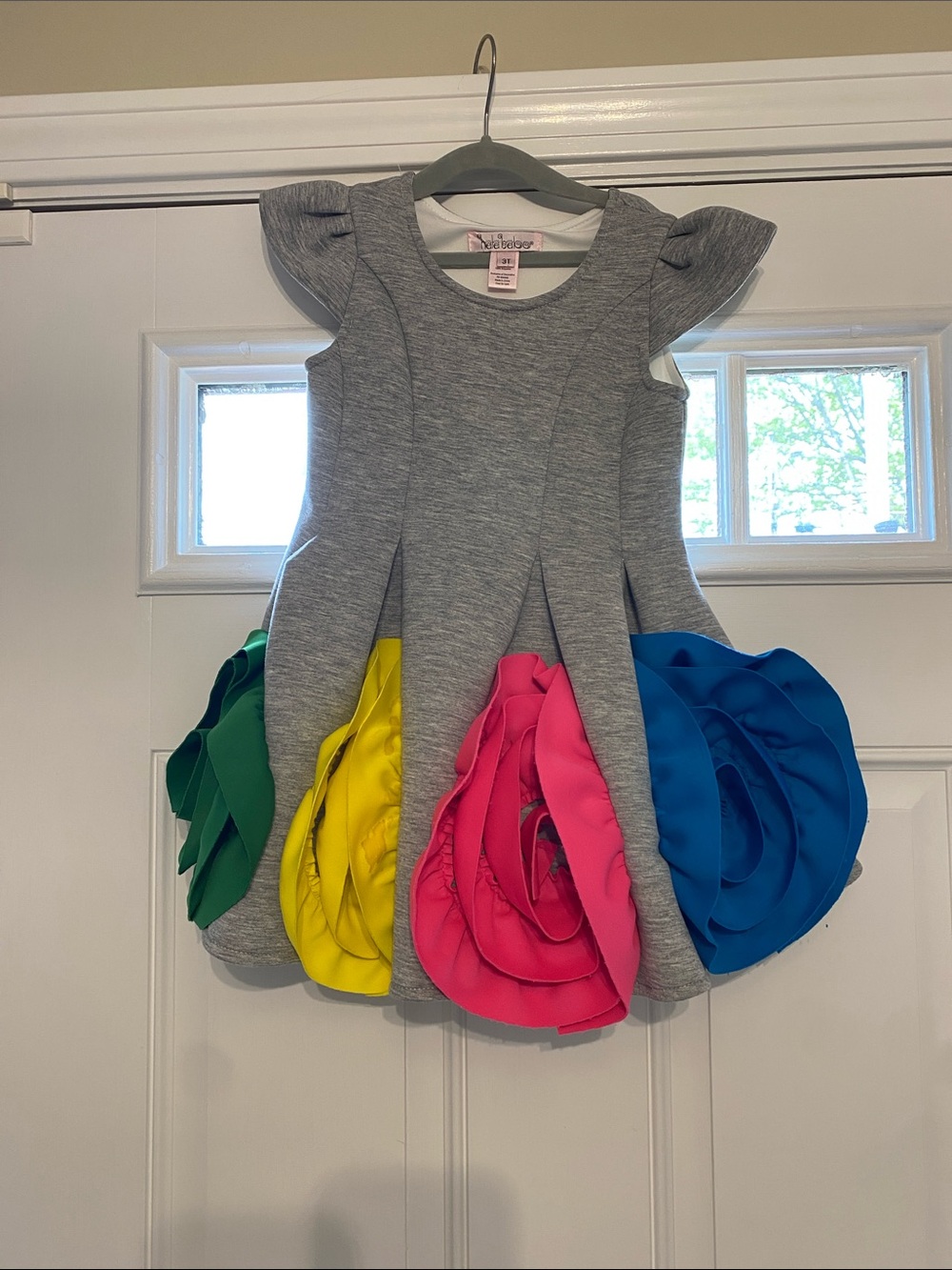 Halabaloo Gray Scuba DressMulticolor Rose Ruffles (Pink, Blue, Yellow, Green)